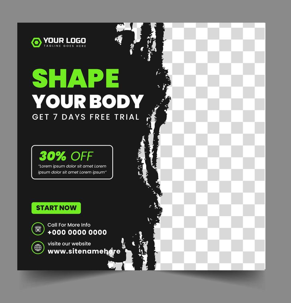 fitness gym social media post banner sjabloon met zwarte en groene kleur, gym, workout, fitness en sport social media post banner, fitness gym social media post banner design. vector