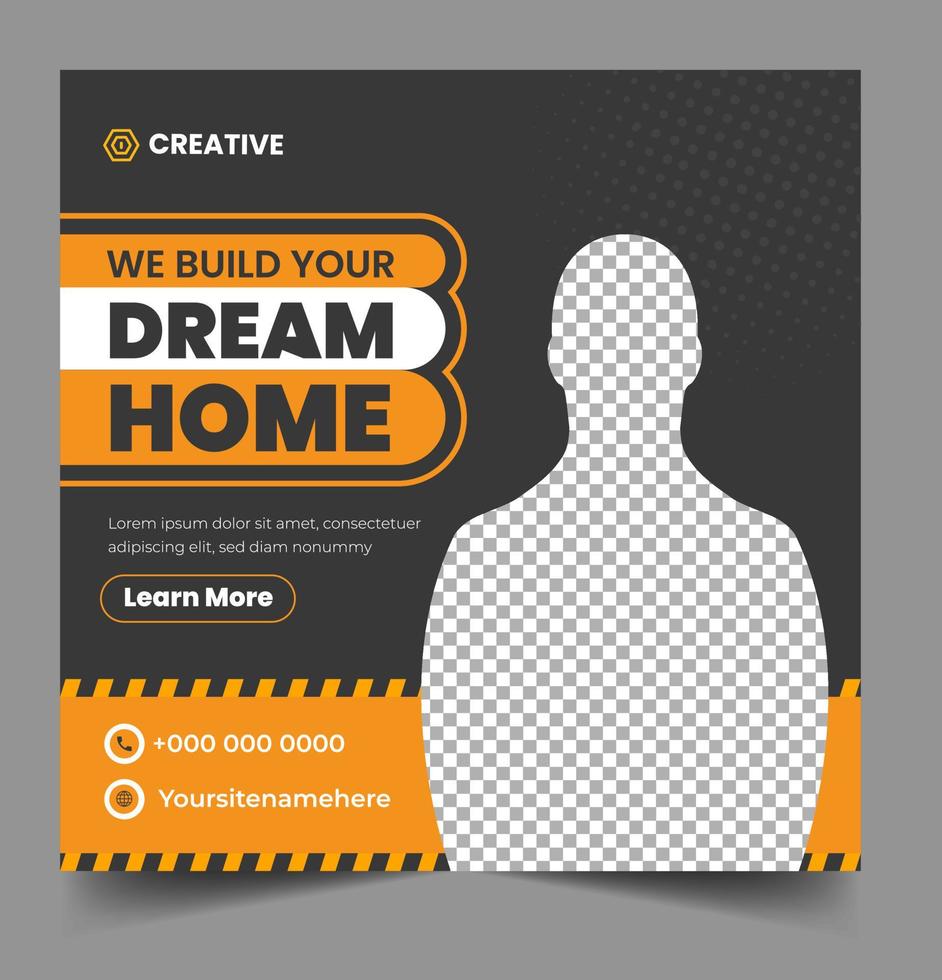 constructie social media post banner ontwerpsjabloon met gele kleur, corporate constructie tools social media post design, home improvement banner template, home reparatie social media post banner. vector