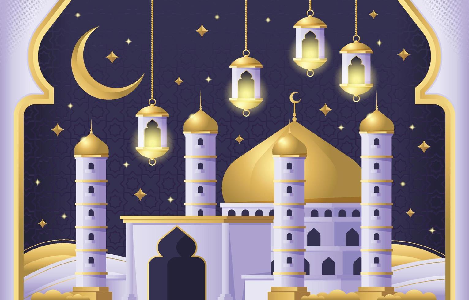 realistische eid mubarak-achtergrond met moskee en lantaarn vector