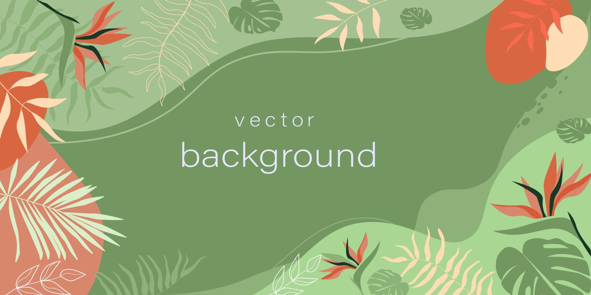 horizontale vectorontwerpsjablonen in een eenvoudige eigentijdse stijl met tropische zomerbladeren, abstracte vormen, met ruimte voor het kopiëren van tekst, bureaubladachtergronden op sociale media. vector