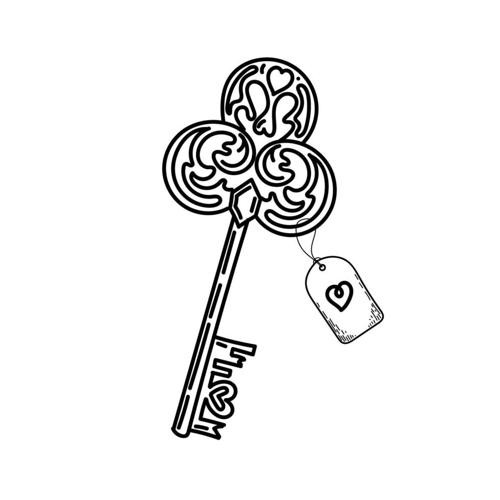 vintage sleutel, handgetekende doodle in schetsstijl. hart sleutel. decoratieve sleutel. tag op een string met een hart. icoon. eenvoudige vectorillustratie vector