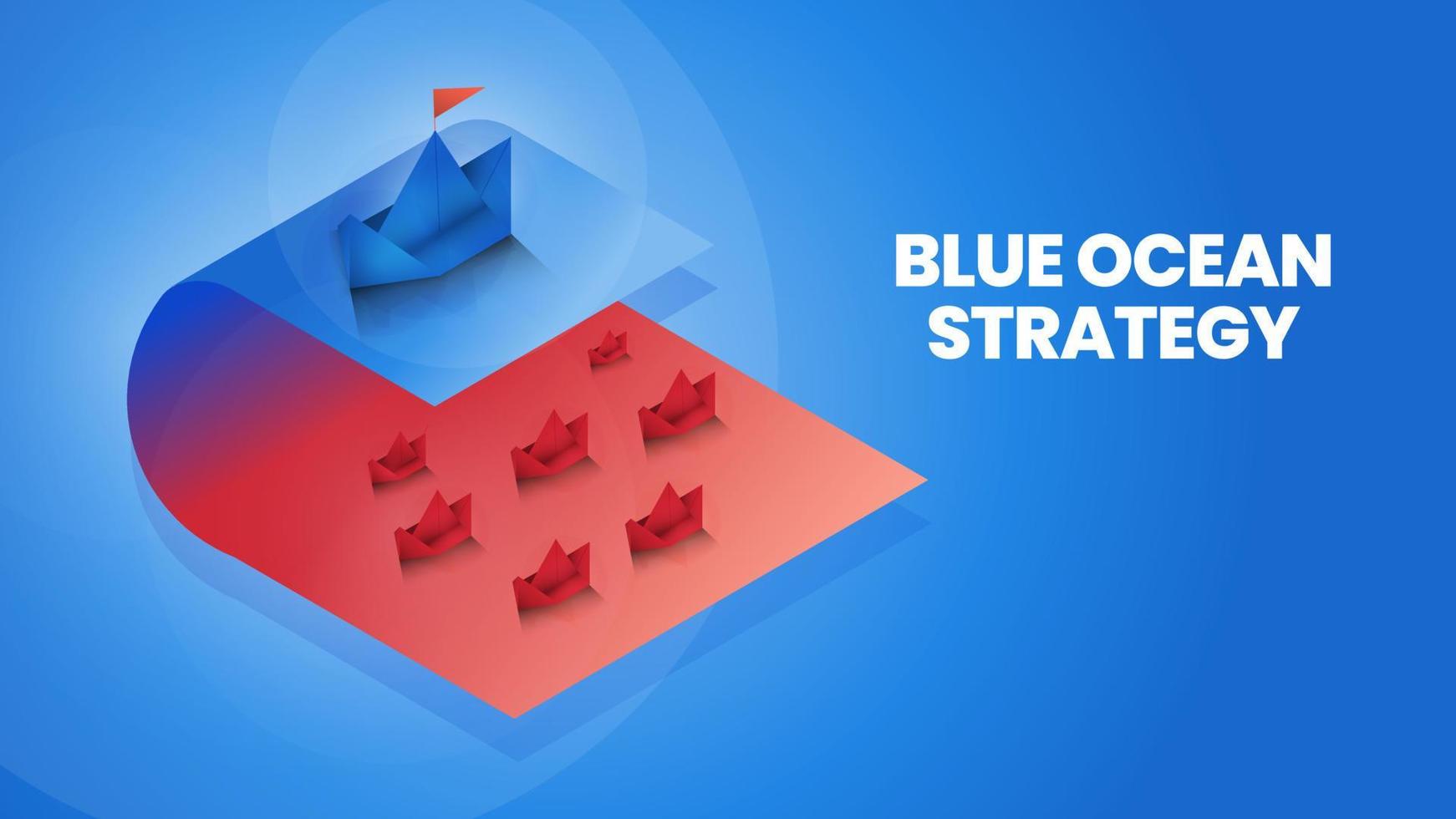 isometrische blauwe oceaanstrategie is vergelijking 2 markt, rode oceaan en blauwe oceaanmarkt en klant voor marketinganalyse en plan.de origamipresentatie metafoor pioniersmarkt heeft geen concurrentie vector