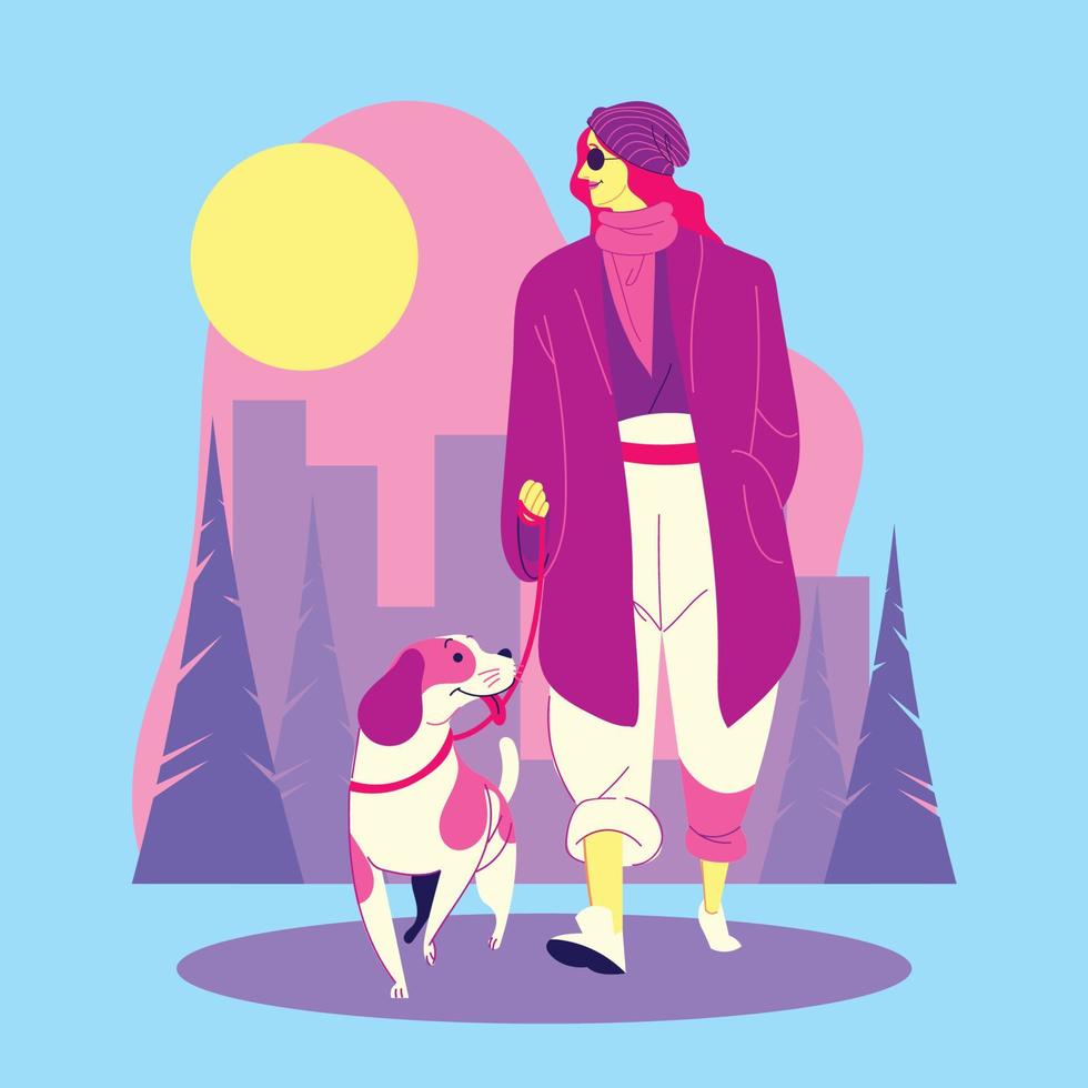 een vrouw die met haar hond wandelt vector