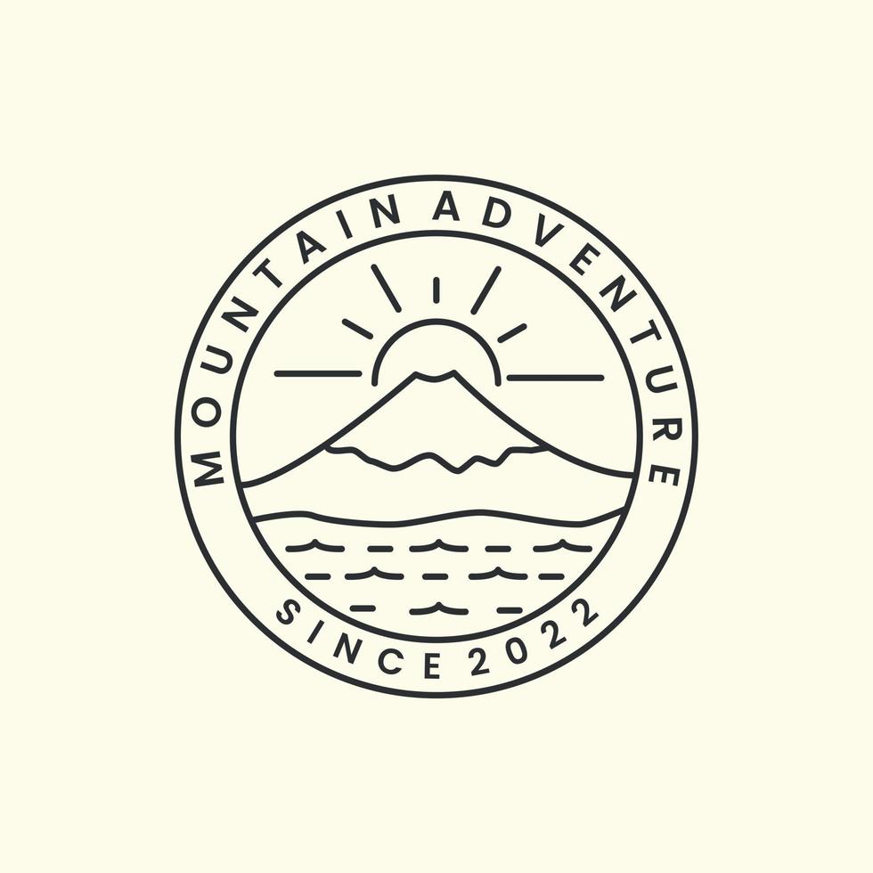 Fuji berg met badge en lijn kunst stijl logo pictogram sjabloonontwerp. avontuur, zon, rivier, boom, vectorillustratie vector