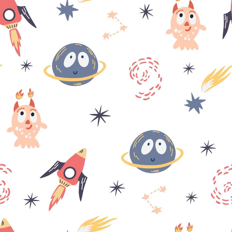 ruimte naadloos patroon. achtergrond met cartoon ruimteraketten, monser, planeten, sterren. kosmisch. perfect voor kinderontwerpen, behang, textiel en print. vector hand tekenen illustratie