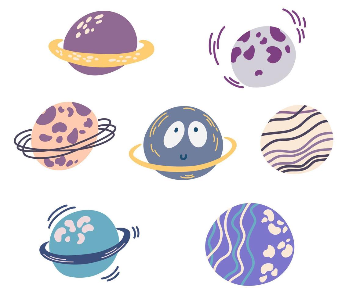 planeten ingesteld. schattige cartoon melkweg, ruimte, zonnestelsel elementen. geïsoleerde ontwerpelementen voor kinderen. stickers, etiketten, pictogrammen, infographics voor kinderen. vector hand tekenen illustratie