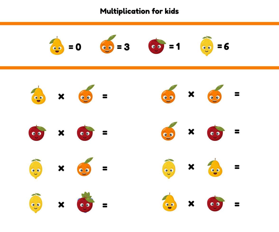 rekenspel voor kleuters en kinderen in de schoolgaande leeftijd. tel en vul de juiste cijfers in. vermenigvuldiging. vruchten. vector