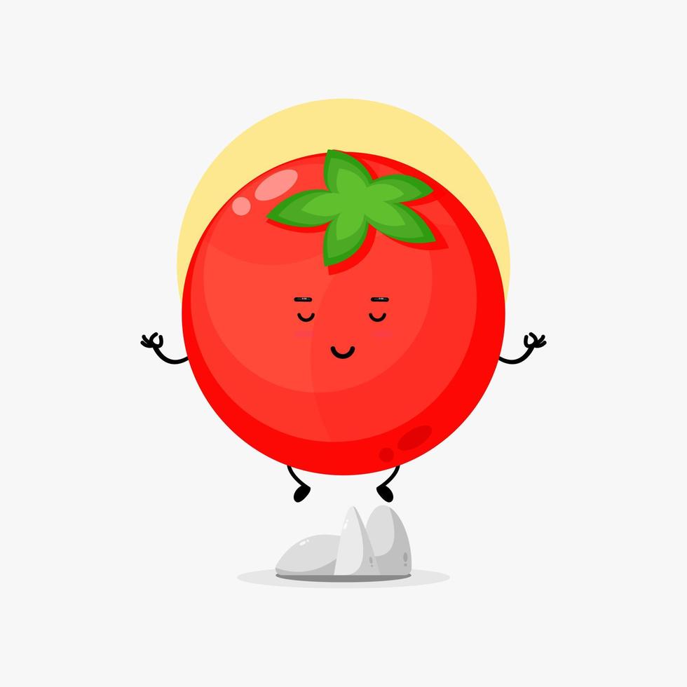 schattig tomatenkarakter mediteren vector