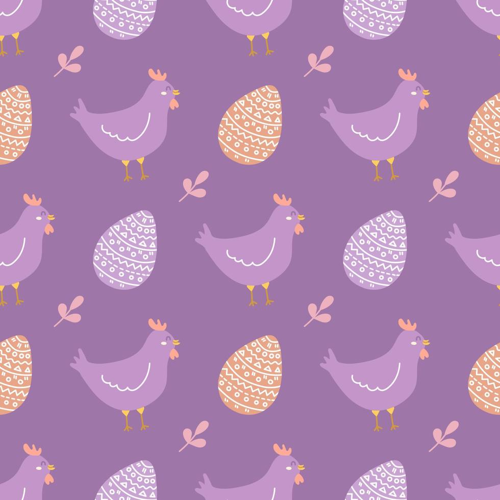 schattige kip met paaseieren op paarse achtergrond, vector naadloos patroon in vlakke stijl
