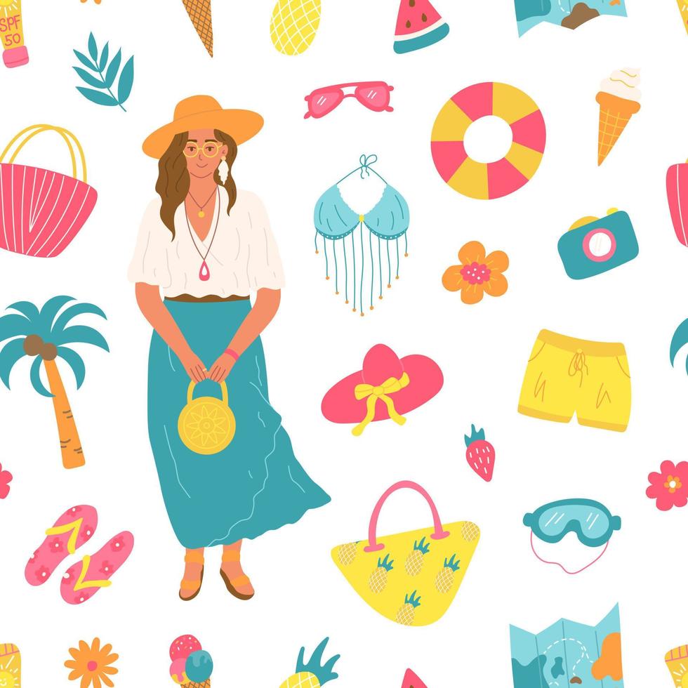 zomer naadloos patroon met meisje, kleding, palmboom, fruit en ijs. vector heldere print