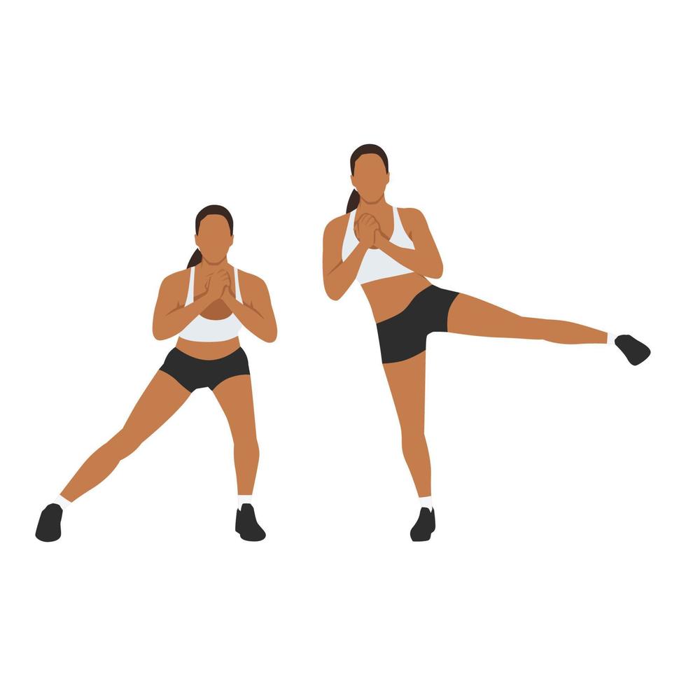 vrouw doet side lunge naar been liften oefening. platte vectorillustratie geïsoleerd op een witte achtergrond vector