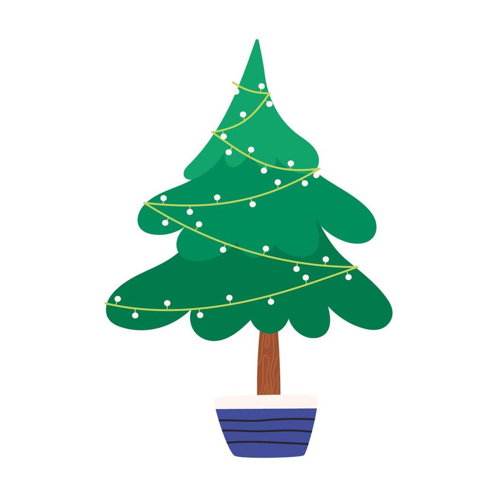 hand getekende kerstboom in pot met lichtslinger, platte vectorillustratie geïsoleerd op een witte achtergrond. leuke en versierde boom voor de viering van de wintervakantie. vector