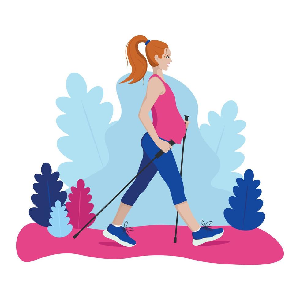 jonge zwangere europese vrouw oefent nordic walking in park uit vector