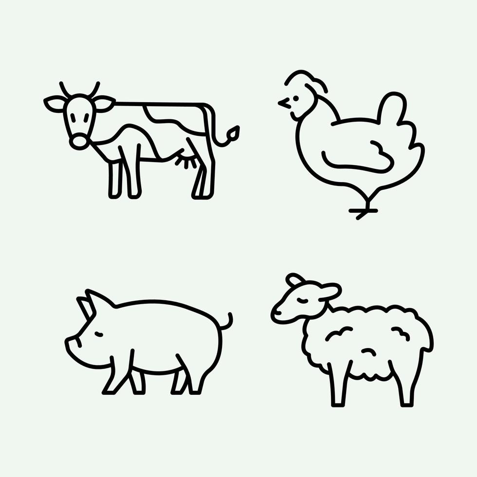 set van binnenlandse zoogdieren pictogram vectorillustratie. koe kip varken schapen overzichtssymbool. kip varkensvlees rundvlees vleesproductie, vogels fokken. pluimveebedrijf, veeteelt vector
