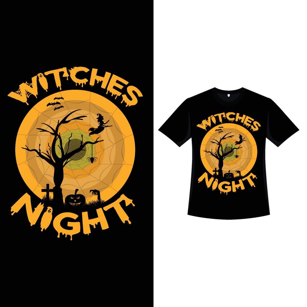 Halloween retro kleur t-shirt design met een dode boom silhouet. halloween fashion wear design met spinnenweb, vliegende heks en dode boom. eng vintage kleurent-shirtontwerp voor halloween-evenement. vector