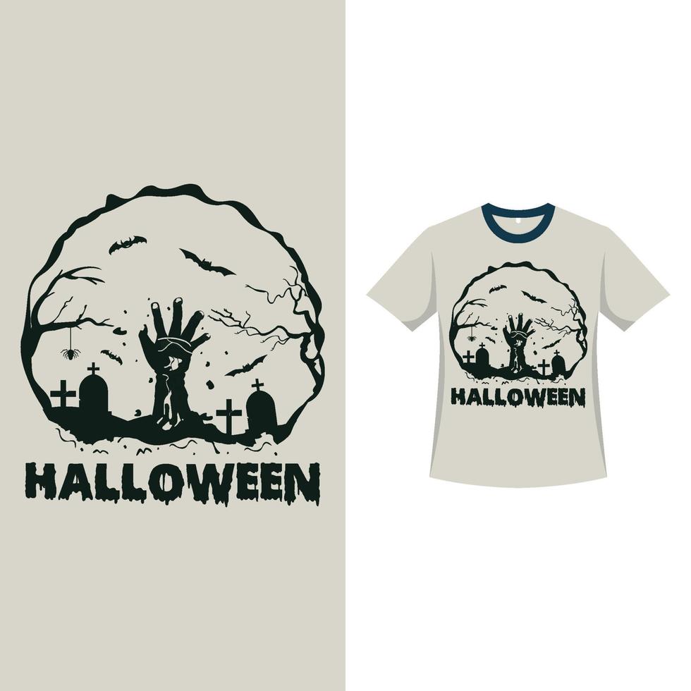 Halloween retro kleur t-shirt design met een kerkhof en een zombie die de hand uit het graf steekt. halloween eng t-shirt design met vintage kleur en kalligrafie. enge modevormgeving voor halloween. vector