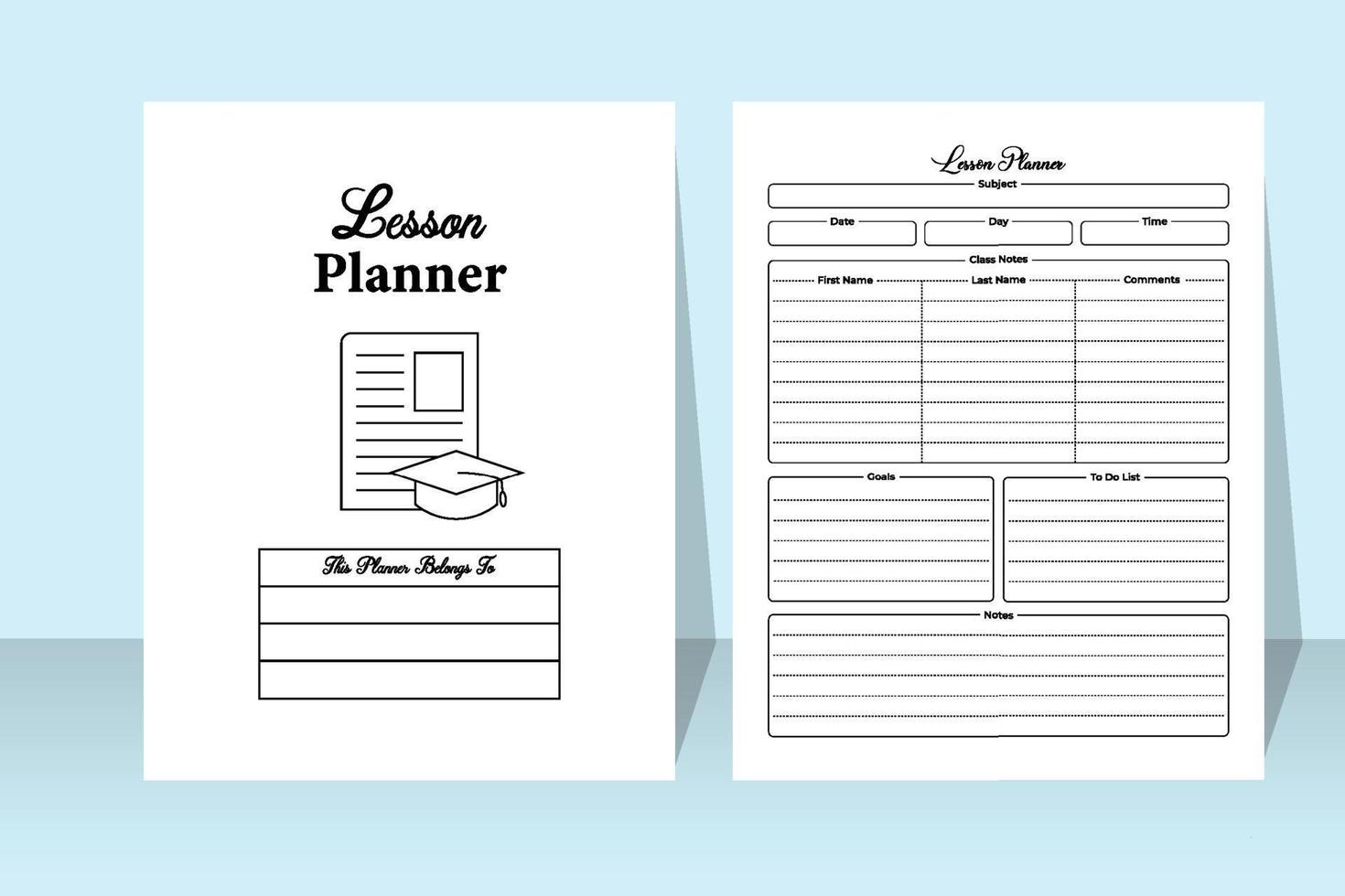 dagelijkse lesplanner interieur voor studenten. dagelijkse activiteitentracker en lesplannersjabloon voor studenten. interieur van een notitieboekje. dagelijkse les les tracker en doel checker interieur. vector