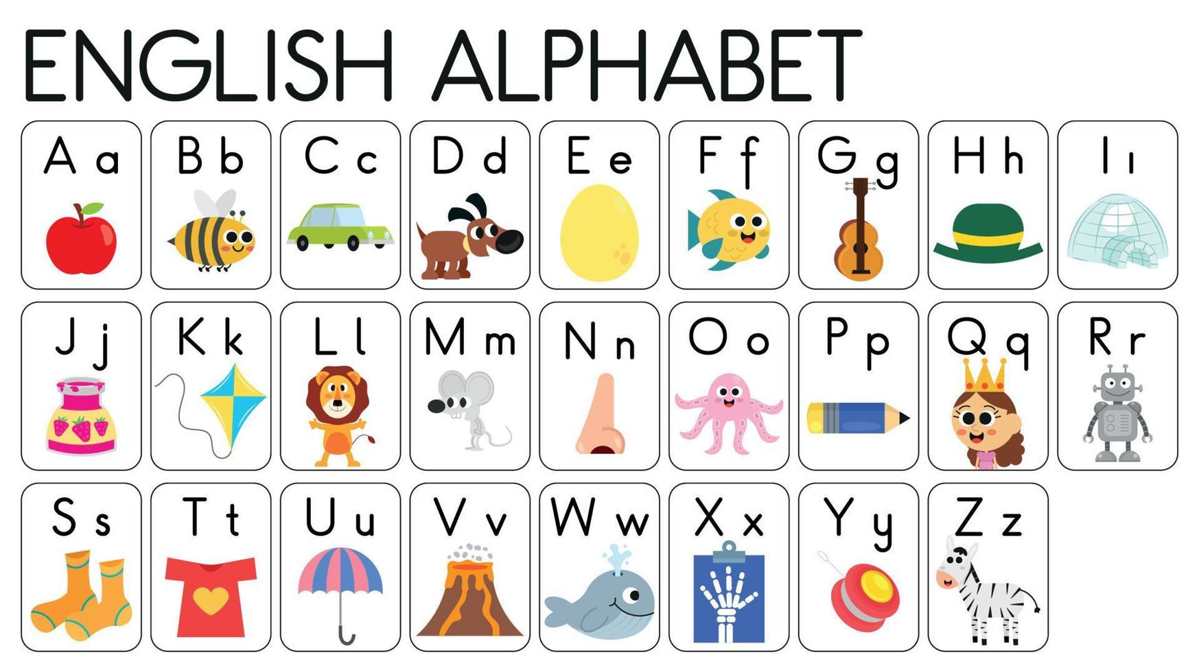 Engels alfabet geïllustreerd woordenboek. Engels alfabet geïllustreerd woordenboek voor kinderen. geïllustreerde Engelse alfabetflitskaarten. vector