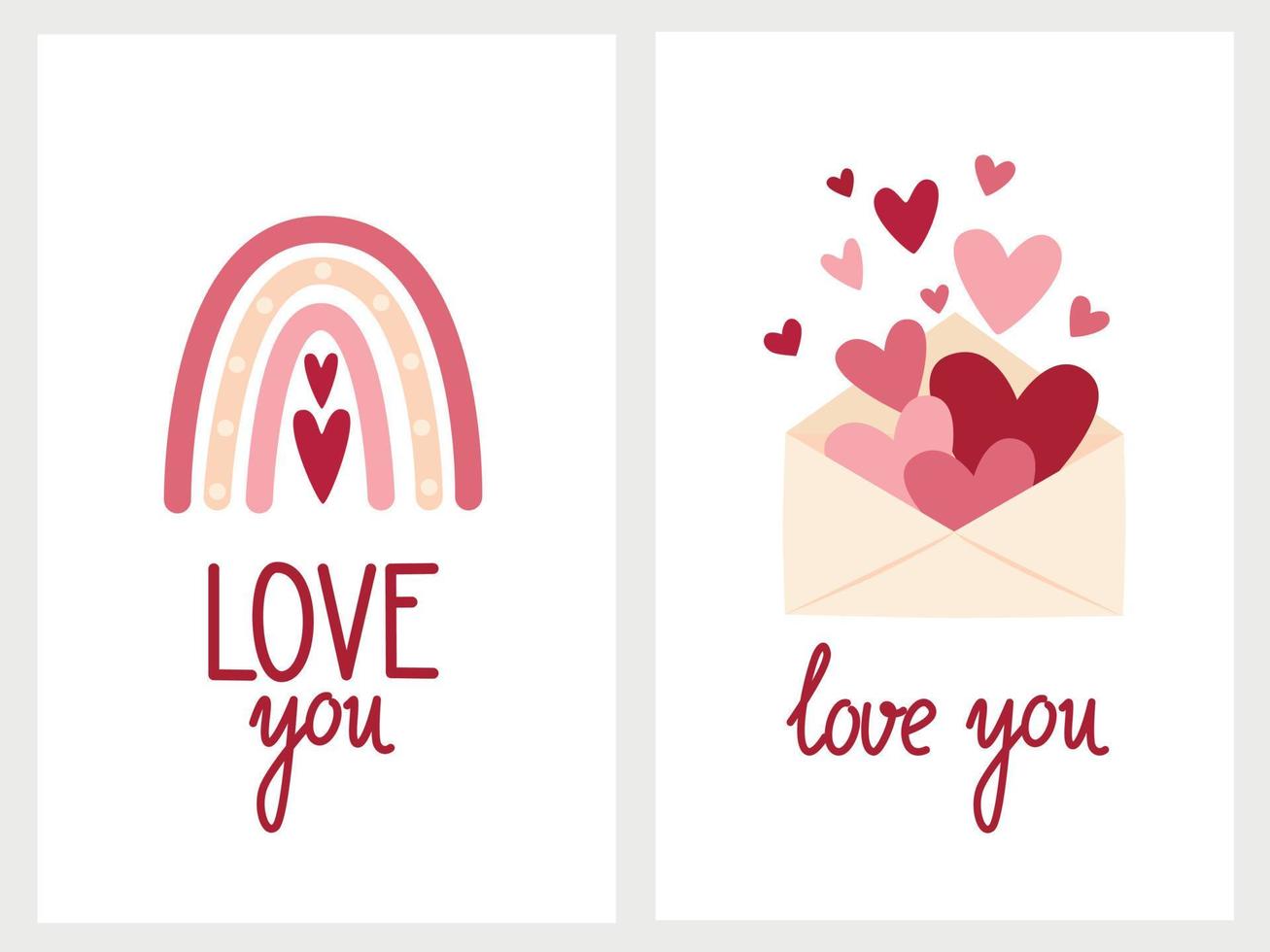 set van 2 leuke cadeau romantische ansichtkaarten met regenboog en liefdesbrief van Valentijnsdag kaart, uitnodiging, poster in zachte kleuren vector