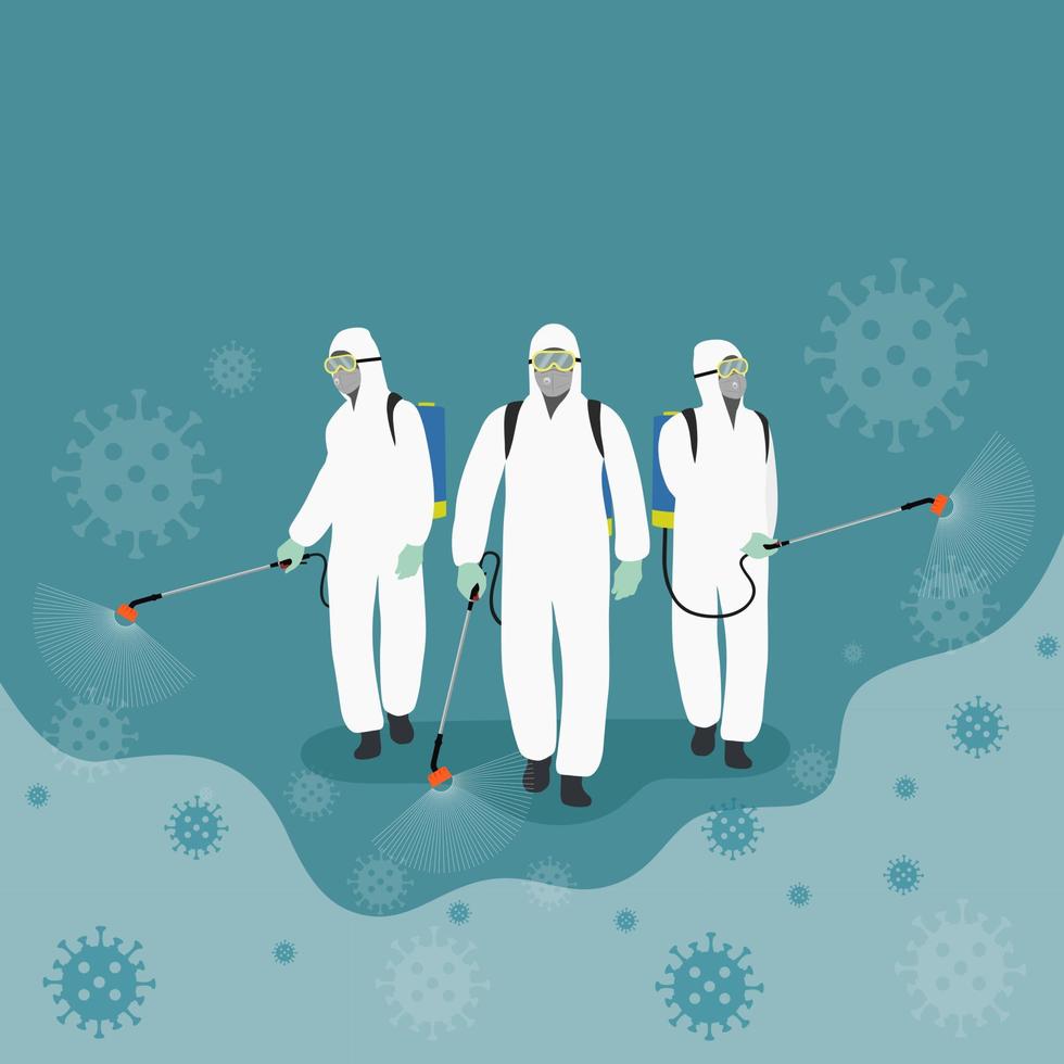 groep mannen in beschermend pak die ontsmettingsmiddel sproeien om het virus te reinigen en te desinfecteren, vector