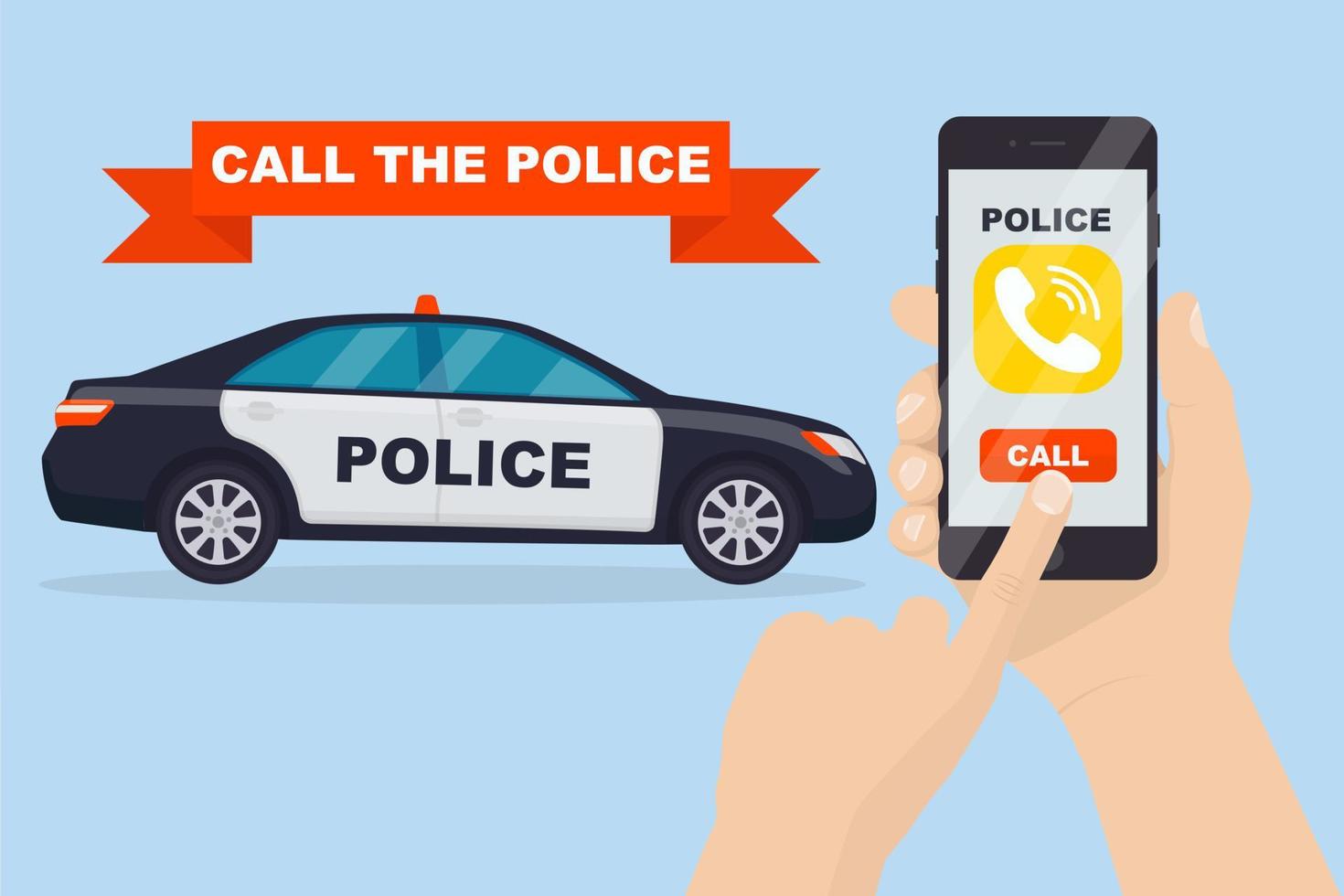 man belt naar de politie. smartphone met politietoepassing op een scherm en politieauto. vector ontwerp