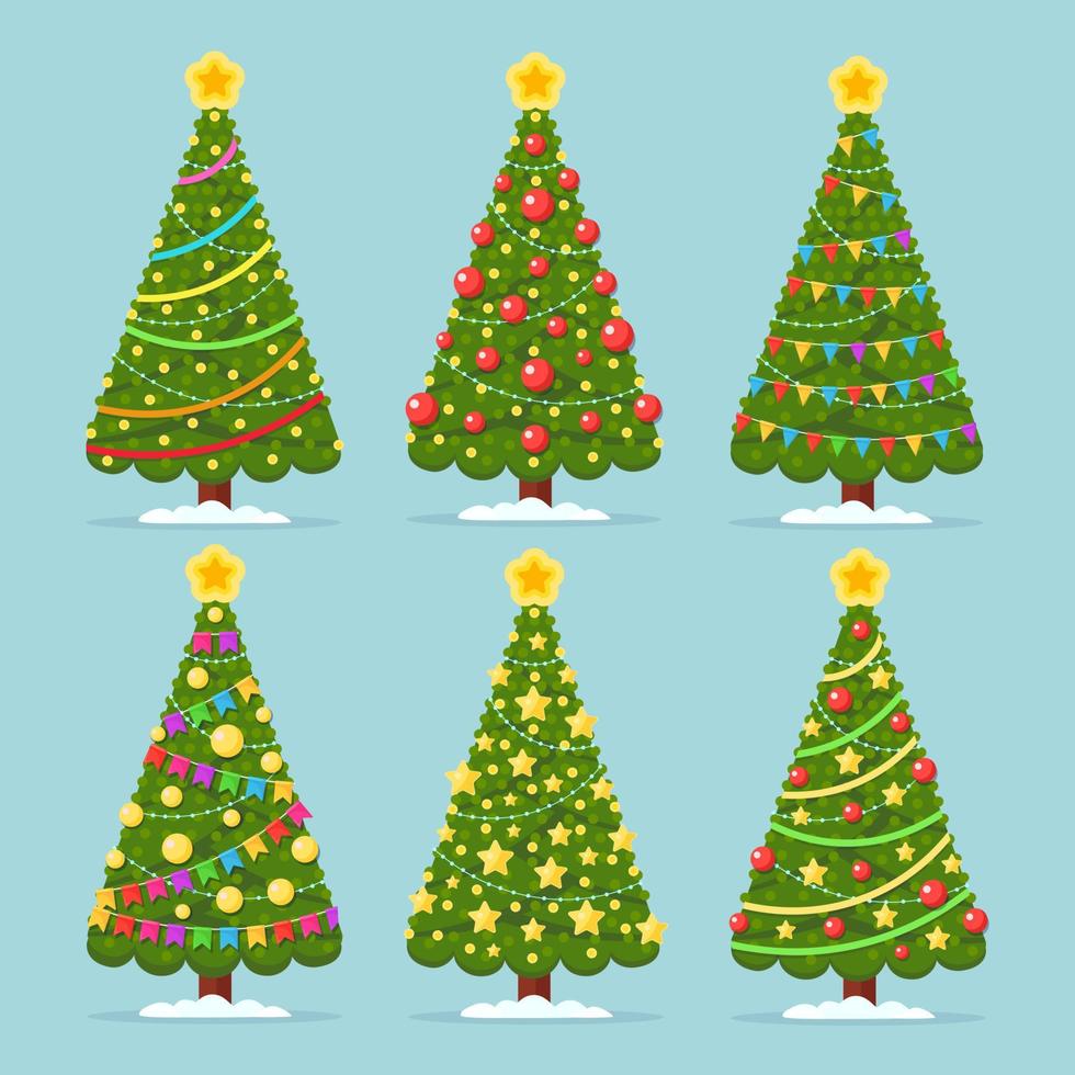 set versierde kerstboom met ster, verlichting, decoratieballen. prettige kerstdagen en gelukkig nieuwjaar concept. vector ontwerp