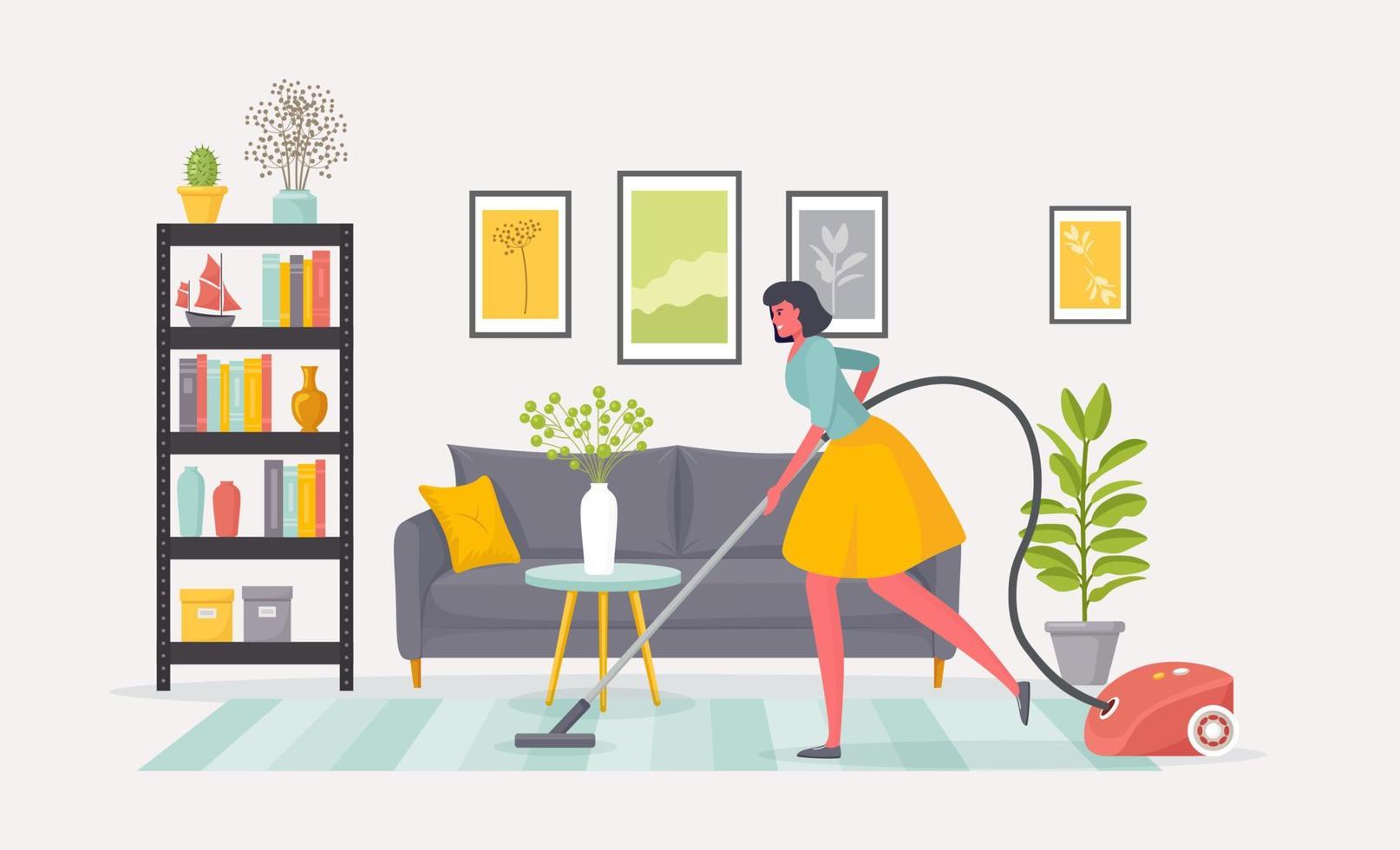 schoonmaak van appartement. vrouw of meid stofzuigt tapijt in de woonkamer. huishoudelijke taken, huishouden. vector ontwerp