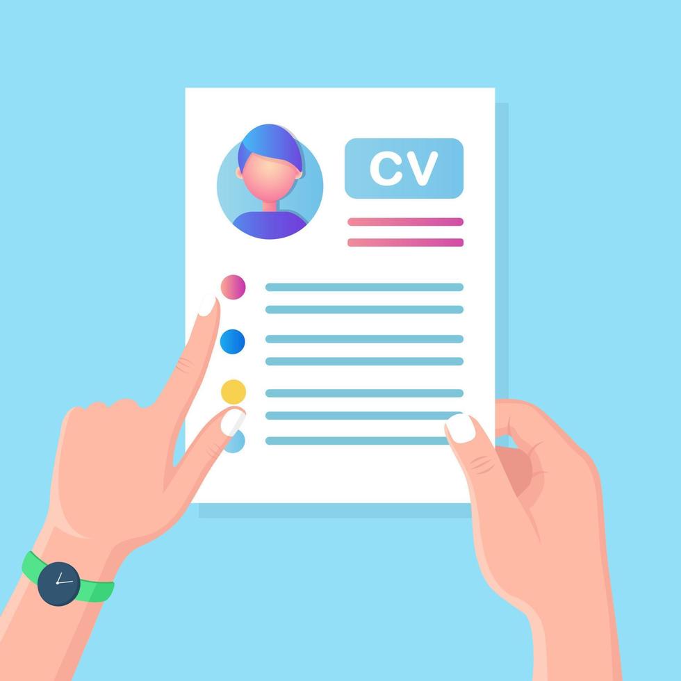 cv zakelijke cv in de hand. sollicitatiegesprek, werving, zoeken werkgever, inhuren. menselijke hulpbronnen. vector ontwerp