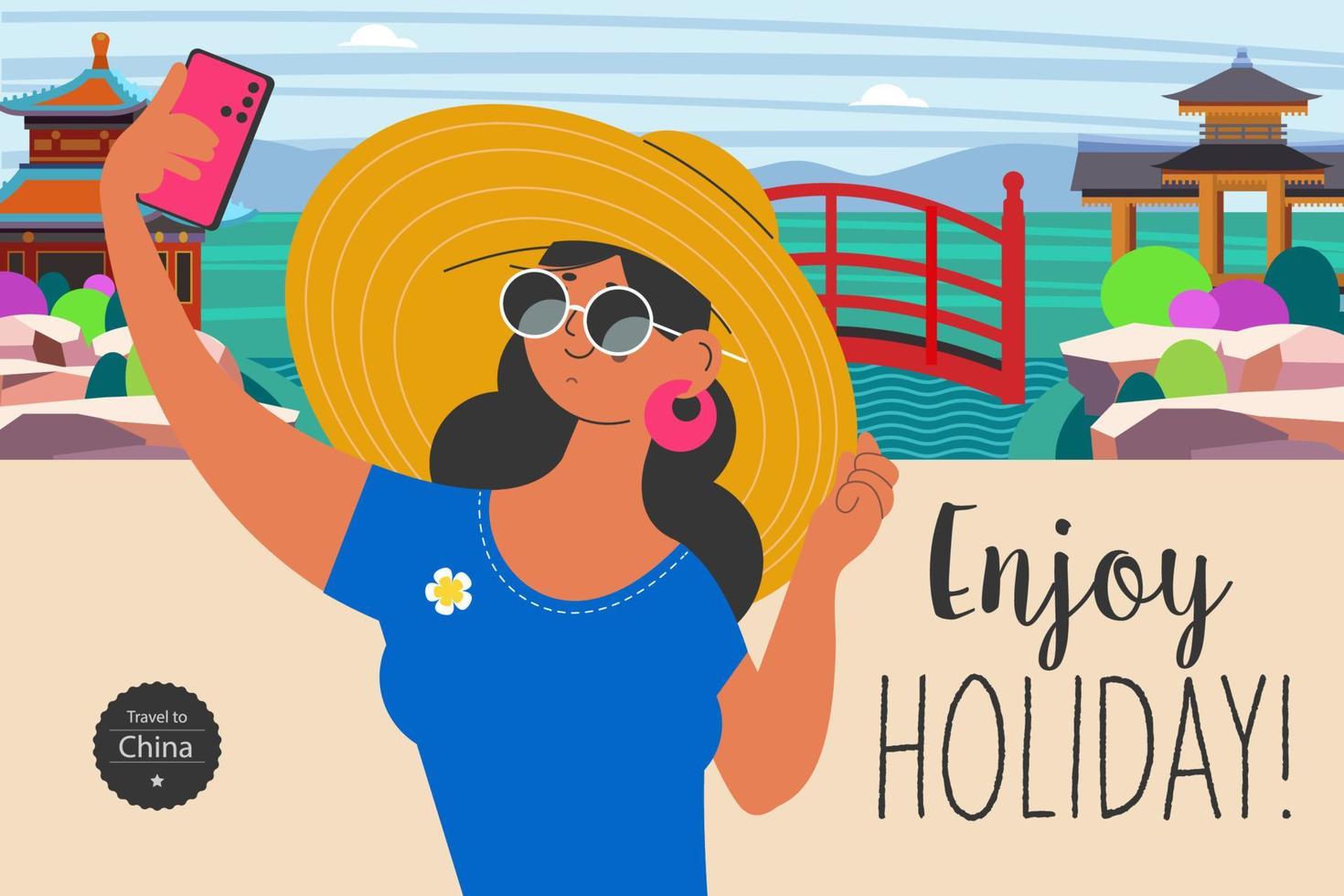 reis op vakantie en maak selfies op de achtergrond van de bezienswaardigheden. vakantie genieten. vectorillustratie. vector
