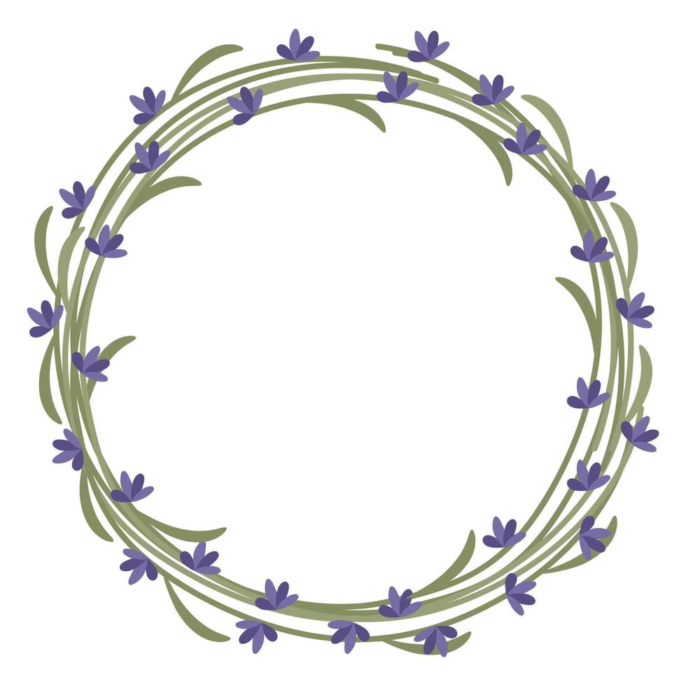 ronde krans van lavendeltakjes. mooie lila bloemen met bladeren. de vectorillustratie is geïsoleerd. voor ontwerp of ansichtkaart vector