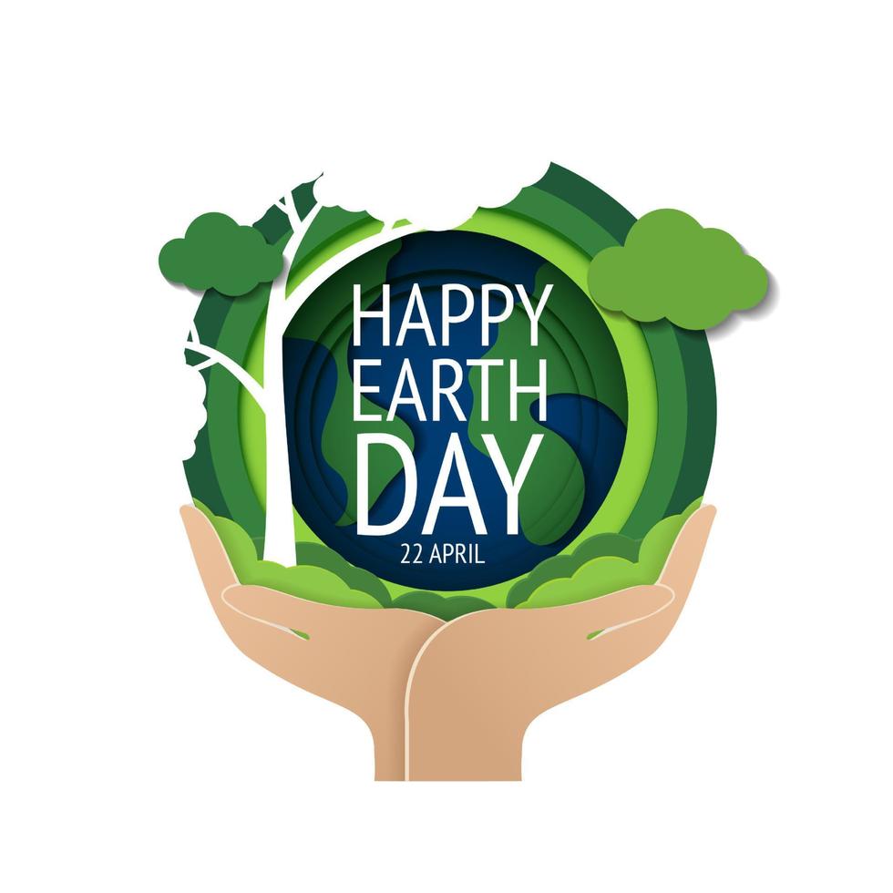 Fijne aarde dag. Earth Day, 22 april met de wereldbol, wereldkaart en handen om het milieu te redden, schone groene planeet te redden, ecologieconcept. kaart voor wereld aarde dag. vector ontwerp