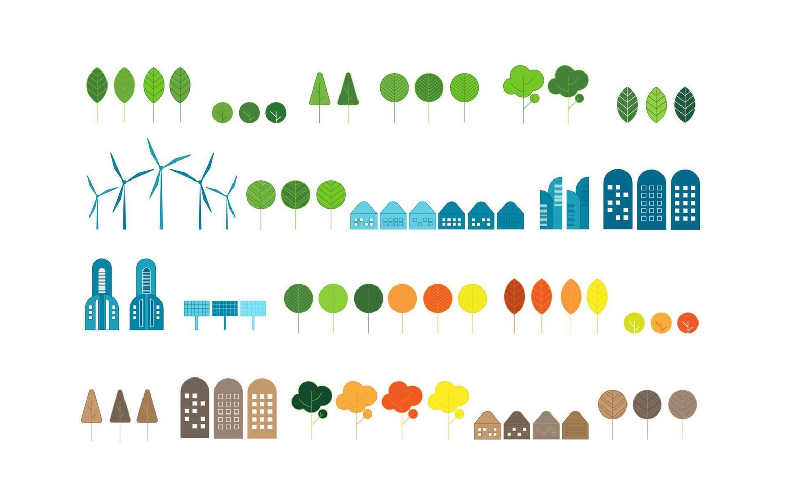 stel een pictogrambundel van stedelijke landschappen in met eco-stad met behulp van moderne, milieuvriendelijke technologieën - windenergie, windturbine, zonne-energie, heuvels en bomen. eco en groen energieconcept. vector