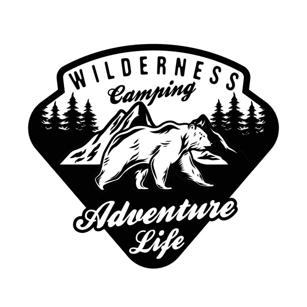 Wild Bear Adventure Camping-badge met natuurlijke scène vector