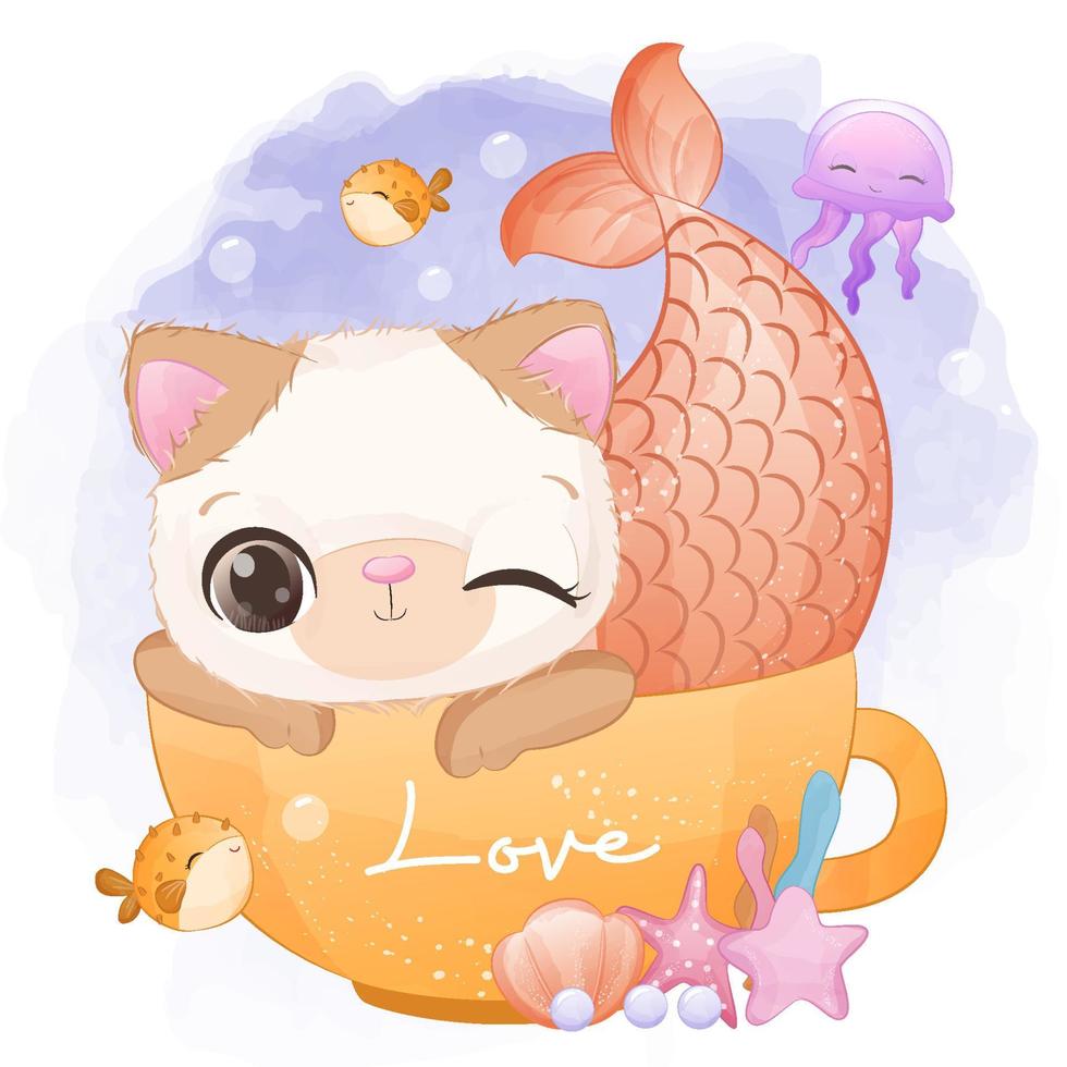 schattige kat zeemeermin in aquarel illustratie vector