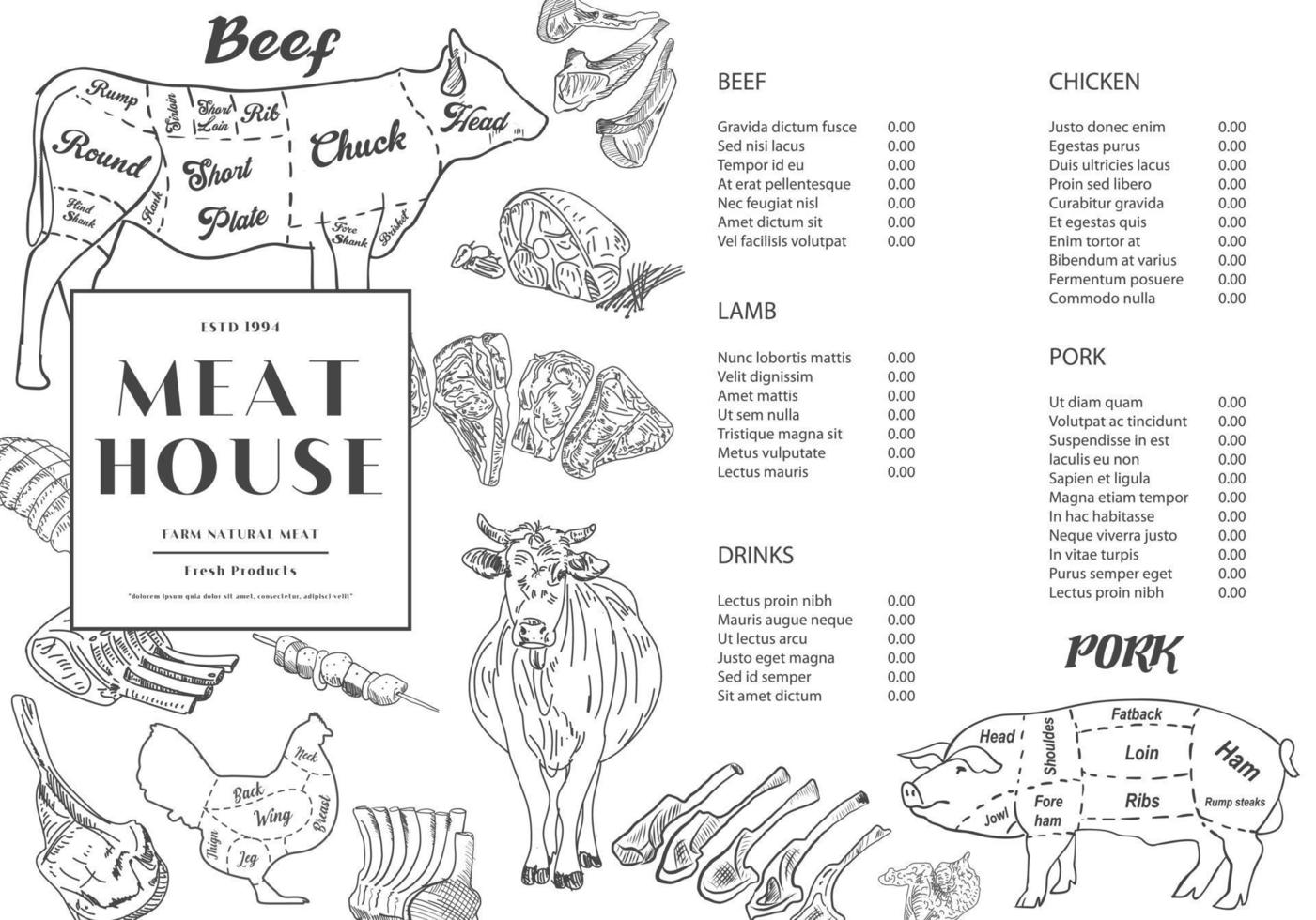 vleeshuis restaurant menu prijssjabloon voor vleesgerechten. vector