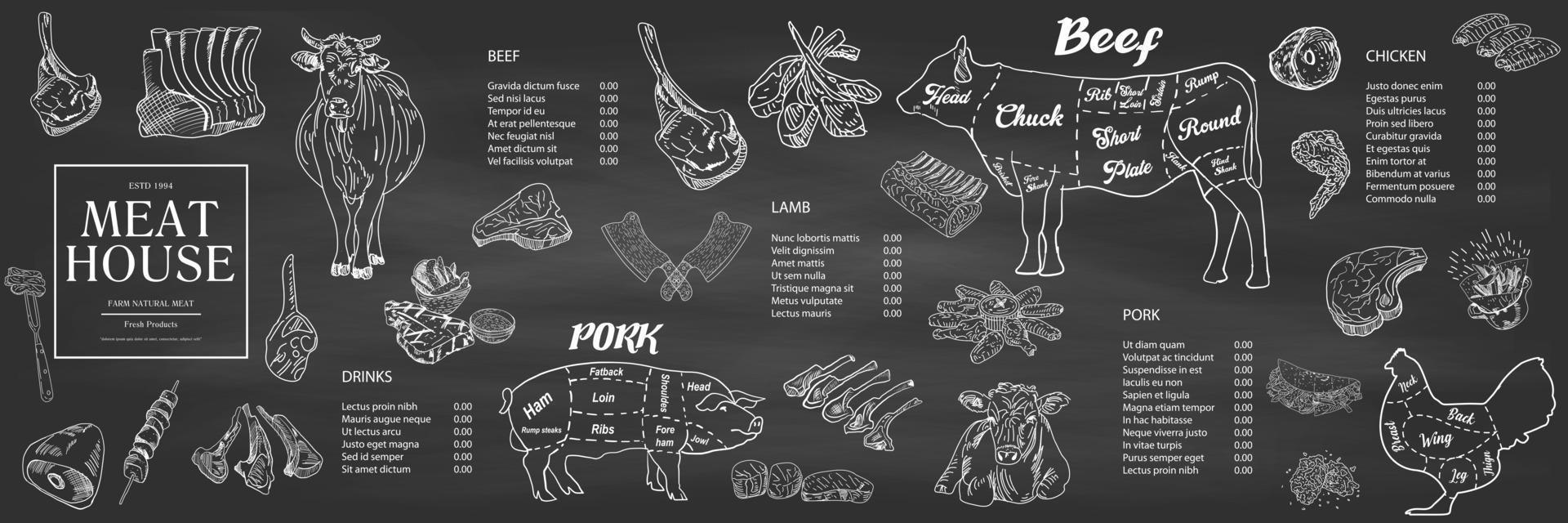 vleeshuis restaurant menu prijssjabloon voor vleesgerechten. vector