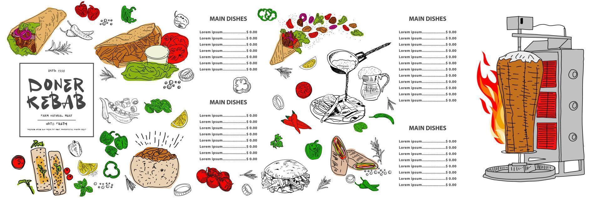 shoarma koken en ingrediënten voor kebab. vector