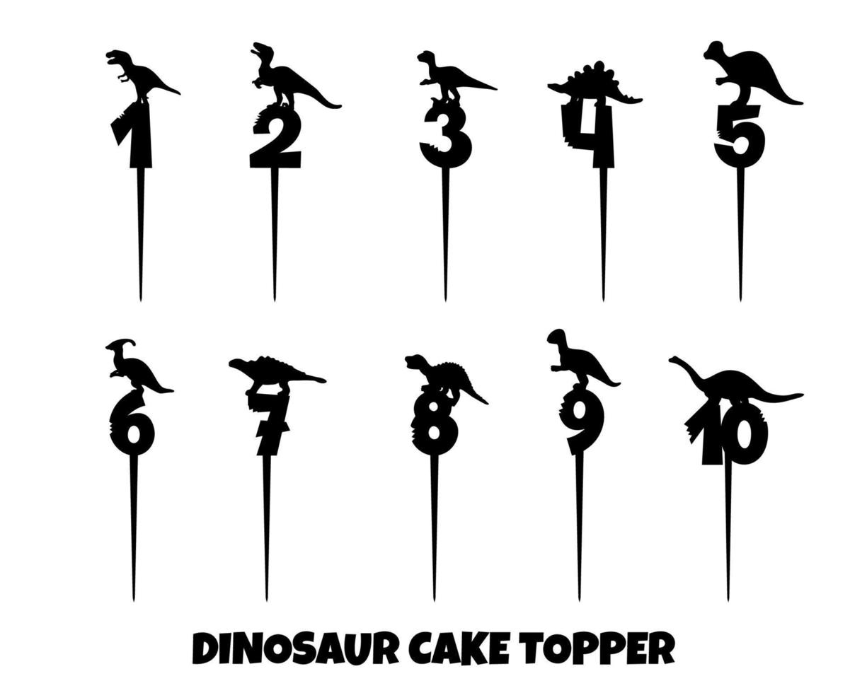 taarttopper met tien cijfers en dinosaurussilhouetten. vectorillustratie voor lasersnijmachines. verjaardagsconcept. decor voor taart, cupcake. vector