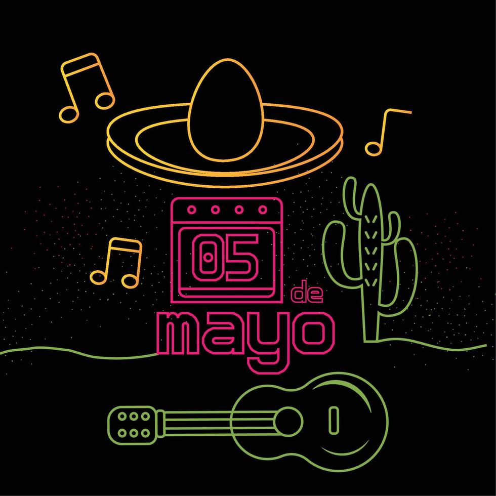 neonposter van cinco de mayo. hoed, cactus en gitaar - vector