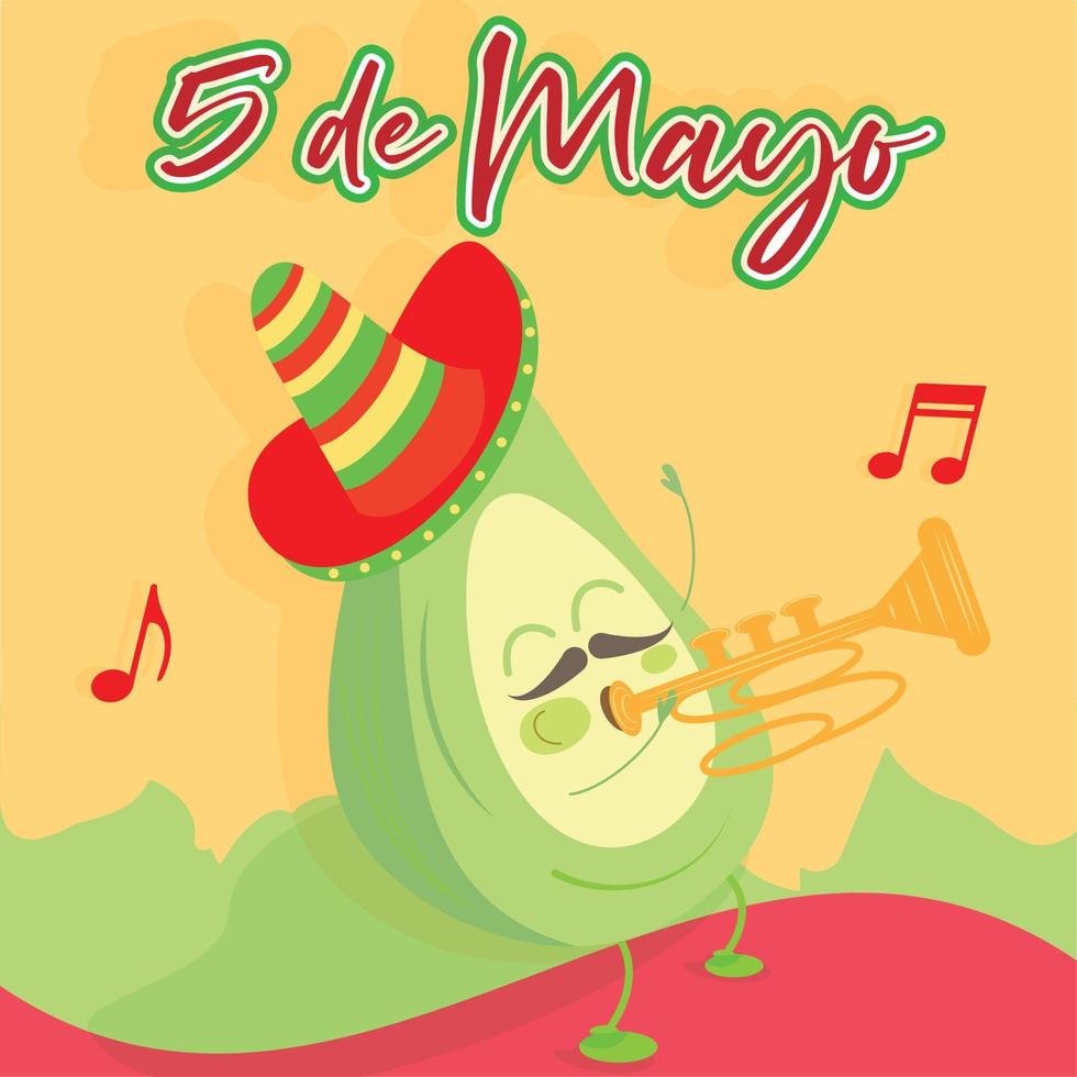 cartoon van een Mexicaanse trompettist avocado. cinco de mayo poster - vector