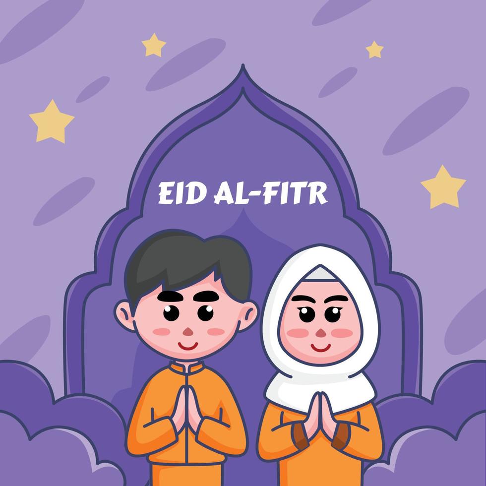 schattige cartoonillustratie van moslimjongens en -meisjes, blij om eid al-fitr ramadan te verwelkomen voor banners, pamfletten, stickers vector