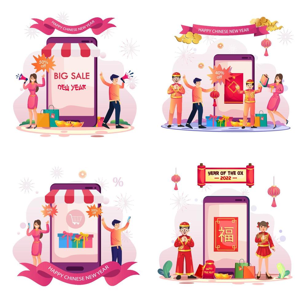 chinees nieuwjaar winkelconcept, verkoop en kortingen. met meisje en jongen houden megafoon in de buurt van grote smartphone. platte vector