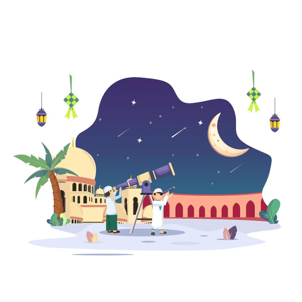 ramadhan kareem concept illustratie. gelukkige moslimmensen vieren heilige maand ramadhan, eid mubarak-groet. platte vectorsjabloonstijl voor webbestemmingspagina, achtergrond. vector