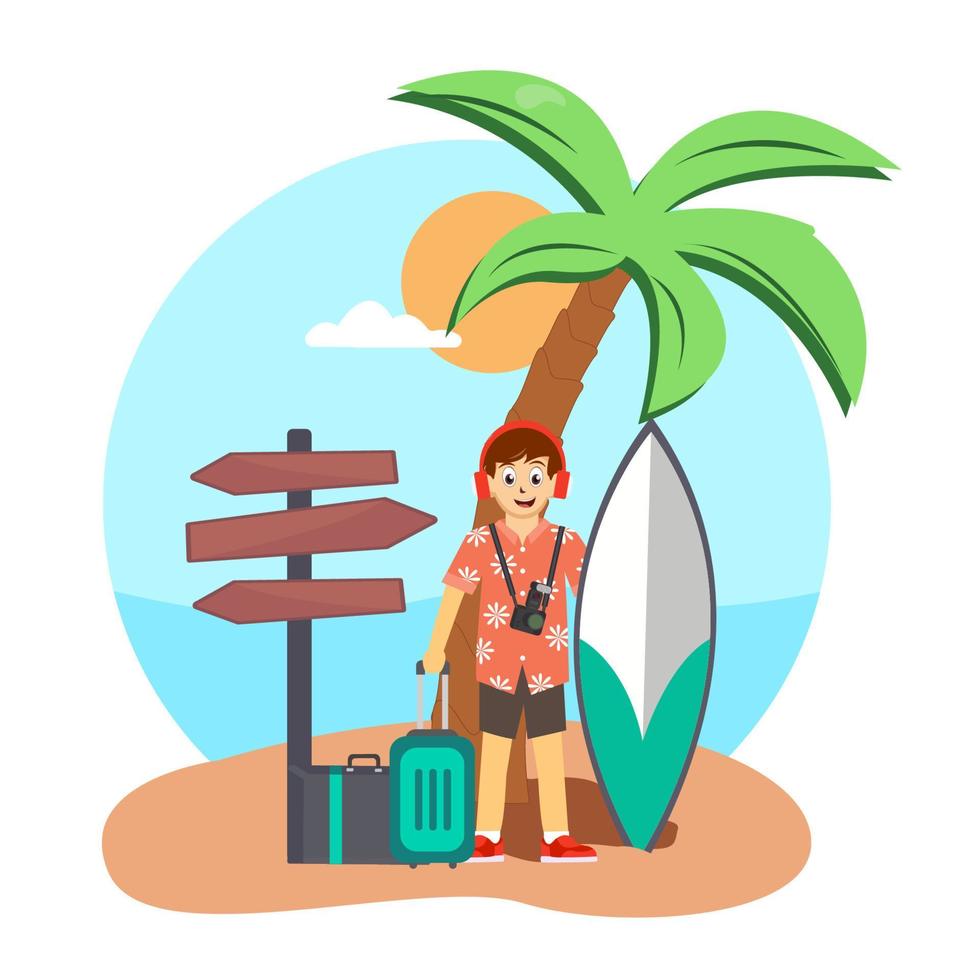 zomervakantie ontwerp voor reizen op een zandstrand eiland met zomer items. vector illustratie