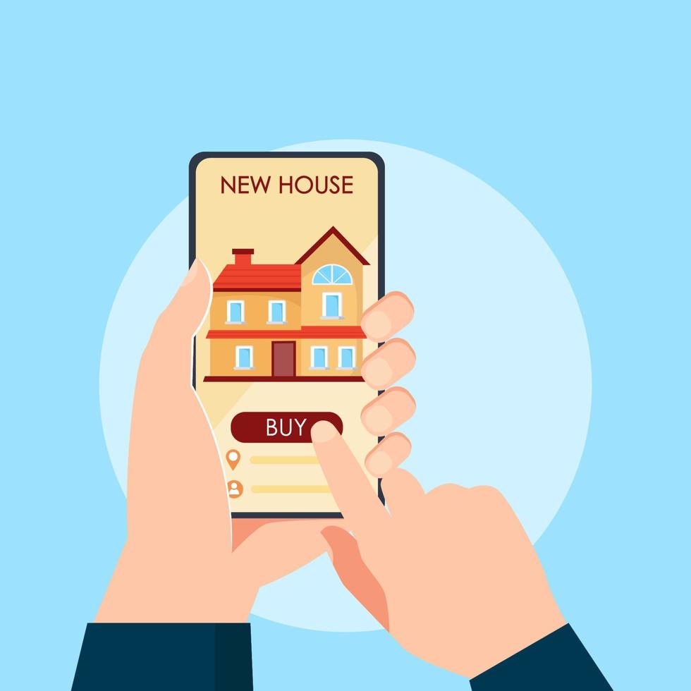 huis huis kopen of huren web-app met online kiezen vinkje bericht op mobiele telefoon persoon hand vector platte cartoon, huren of verkopen appartement of makelaardij applicatie op smartphone