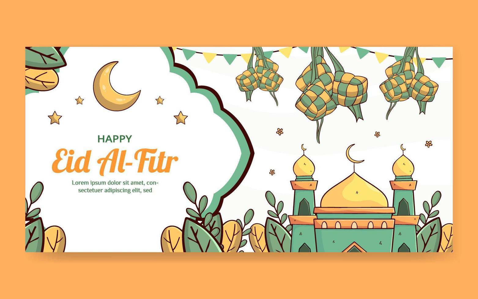 eid mubarak-sjabloon voor spandoek met ketupat en moskee concept. handgetekende en vlakke stijl vector