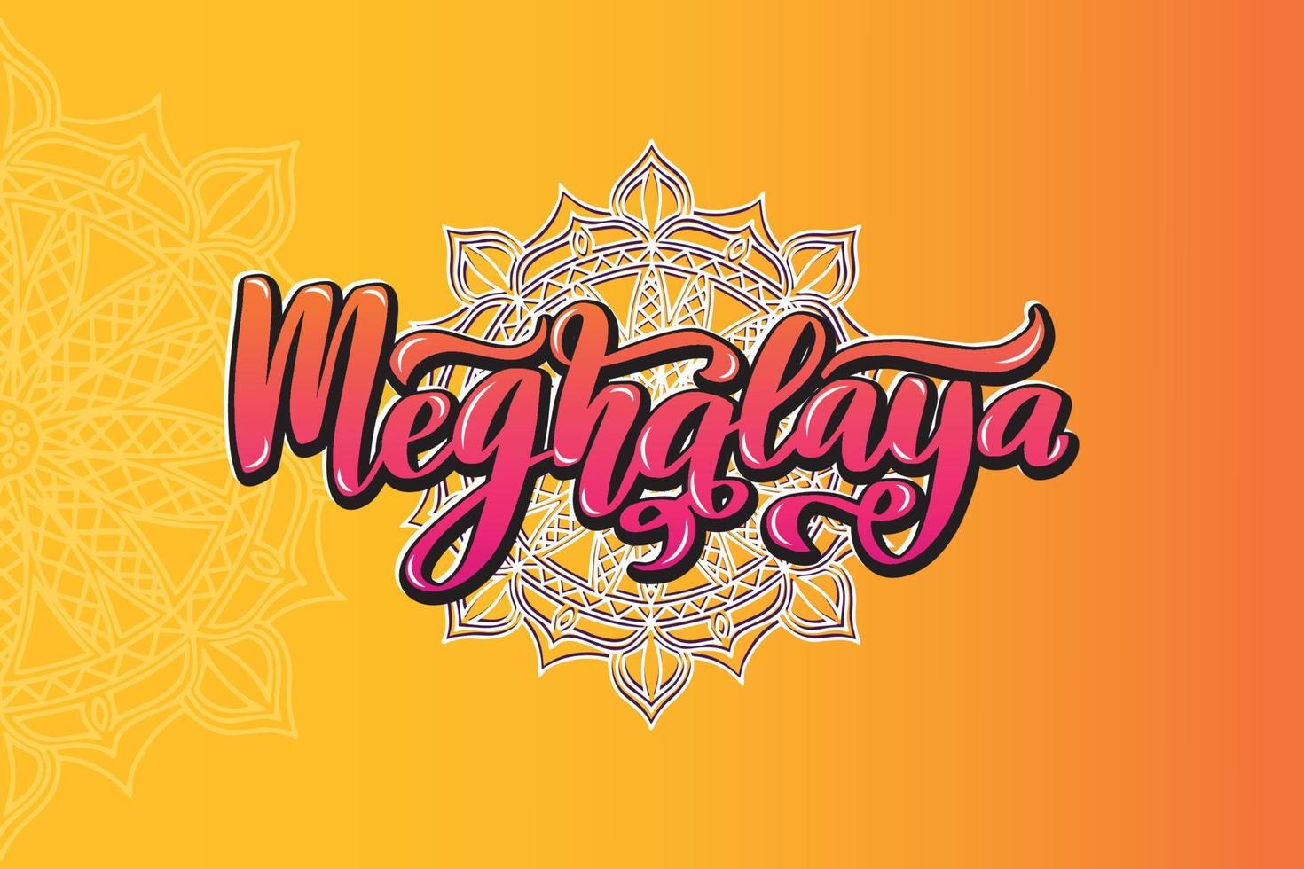 meghalaya handgeschreven voorraad belettering typografie. staten van india. kalligrafie voor logo badge pictogram kaart briefkaart logo, banner, tag. vector illustratie eps10. mandala oranje veelkleurig verloop