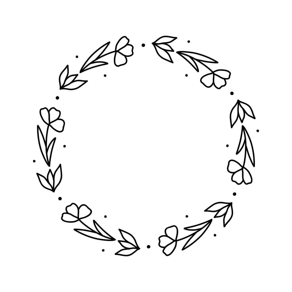 lente bloemen krans geïsoleerd op een witte achtergrond. rond frame met bloemen. vector handgetekende illustratie in doodle stijl. perfect voor kaarten, uitnodigingen, decoraties, logo, verschillende ontwerpen.