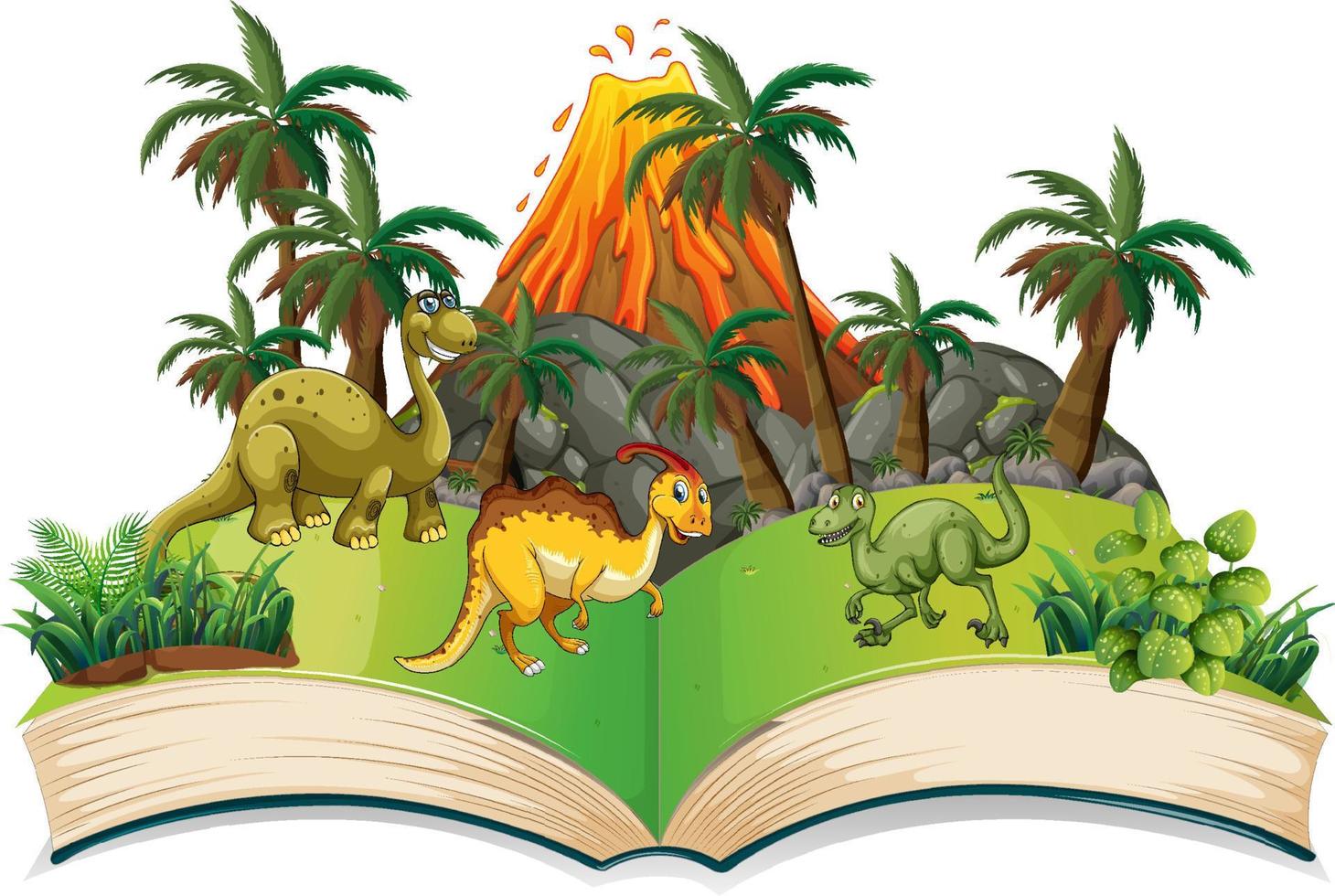 geopend boek met verschillende dinosaurussen cartoon vector