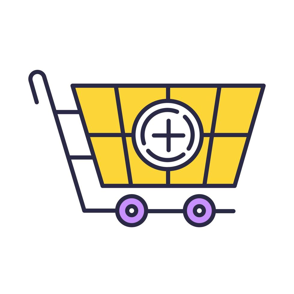 winkel trolley gele kleur pictogram. het toevoegen van producten aan het winkelmandje in de internetwinkel. winkeluitrusting voor het kopen van goederen. koopwaar en consumentisme. bestelservice. geïsoleerde vectorillustratie vector